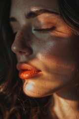 Poster - A close-up shot of a woman's face with her eyes closed, suitable for use in portraits, self-care, or relaxation-themed content