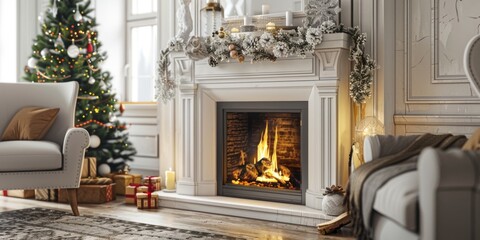 Poster - A warm and inviting living room with a decorated Christmas tree and a crackling fireplace