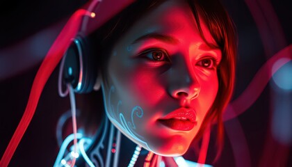 Canvas Print - Woman with red neon lights.