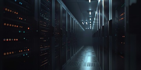 Poster - A contemporary server room that showcases cuttingedge technology, all featured in a sleek, dimly lit environment