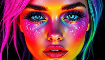 Canvas Print - Woman's face with colorful neon makeup and hair.