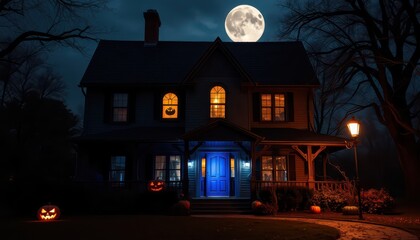 Sticker - Halloween Night House with Jack-o'-Lanterns and Full Moon.