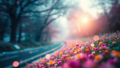 Wall Mural - Blurred Background of Flowers and Road.