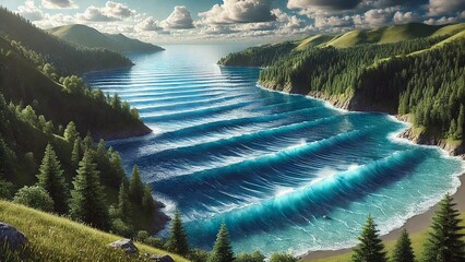 Wall Mural - Lake louise banff national park lake landscape water mountain sky nature sea view beach summer travel mountains. Lake louise banff national park green hill island clouds rock new zealand blue coast.