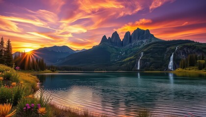 Sticker - Majestic Mountain Lake Sunset with Waterfall.