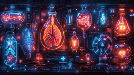 Canvas Print - Devise a neon set of medical technology symbols, including illuminated