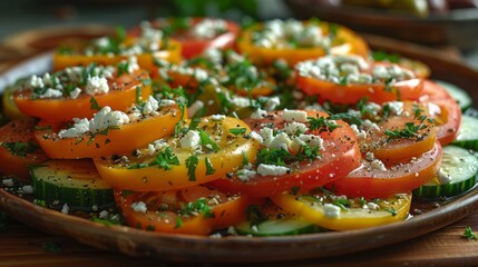 Wall Mural - Focus on the vibrant colors and textures of a traditional Greek salad, featuring ripe tomatoes, crisp cucumbers, tangy feta cheese