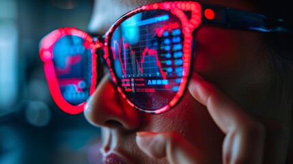 Poster - Futuristic Stock Analysis Illustrate a businessman using a futuristic computer interface to analyze stock market trends and data, his finger