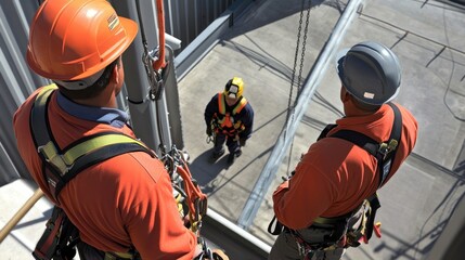 Wall Mural - generate a photo realistic image of workers undergoing fall protection training, with instructors de