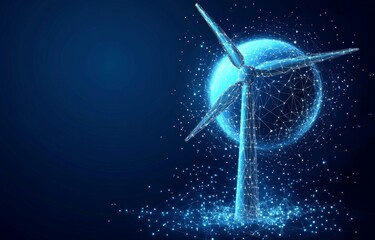 Blue abstract wind turbines on planet Earth Renewable power generation Green energy concept Alternative source of energy