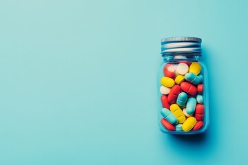 Wall Mural - In this top view, a group of yellow, red, and blue capsules and pills is seen on a blue background with part of a brown bottle neck. The healthcare, pharmacy concept is shown in the banner.