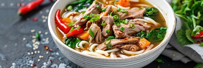 Wall Mural - Tasty Duck and Vegetable Noodle Soup Served in a White Bowl