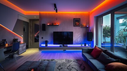 Wall Mural - Transform your living room into a chic space with a velvet sofa, a stylish TV console, and LED strips