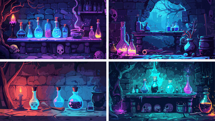 Poster - Alchemist workbench cartoon vector scenes. Skulls potions brews vials toxins blend poisons roots stone wall enchanted lab hideout home creepy chemistry witch empty interior concepts