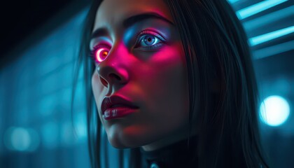 Canvas Print - Woman with Neon Lights Reflecting in Her Eyes.