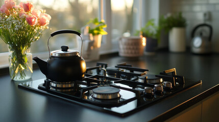 A black glass gas stove in a kitchen. It uses natural gas or propane to cook. A teapot and flowers are on the counter.