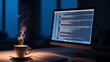 © Shawon - A night-time coding environment featuring a desktop, a steaming cup of coffee, and a focused programmer working on code in a softly lit room.