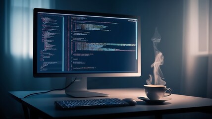 A night-time coding environment featuring a desktop, a steaming cup of coffee, and a focused programmer working on code in a softly lit room.