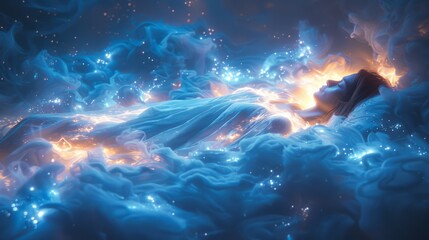 Poster - Nocturnal Fantasies Depict a person lying peacefully in bed, their dreams manifesting as surreal images dancing across the
