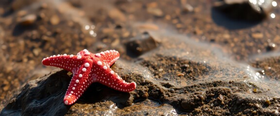 Poster - Red Starfish on Rocky Beach.