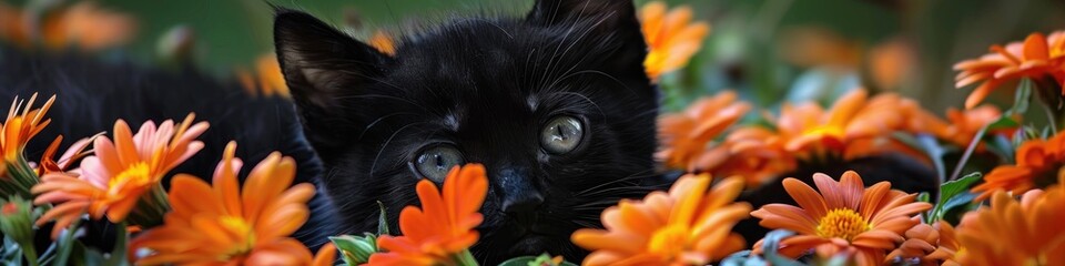 Wall Mural - Charming black kitten with green eyes lounging beside an orange blossom.