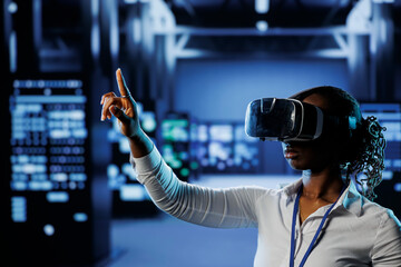 Poster - system administrator in data center uses virtual reality to prevent servers overload. employee with 