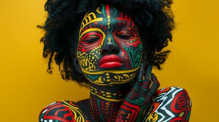 Bold portrait of a woman with afro hairstyle and colorful abstract face paint on yellow background