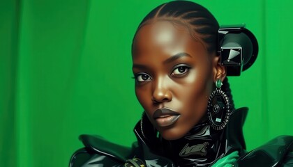 Poster - Futuristic Fashion Portrait of a Black Woman with Green Screen.