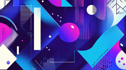 Poster - Abstract geometric background in Memphis style with blue, purple, and white shapes.