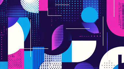 Poster - Abstract geometric background in Memphis style with blue, purple, and white shapes.
