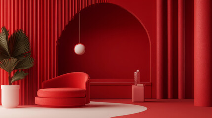 Bold red backdrop with stylish and innovative graphics.