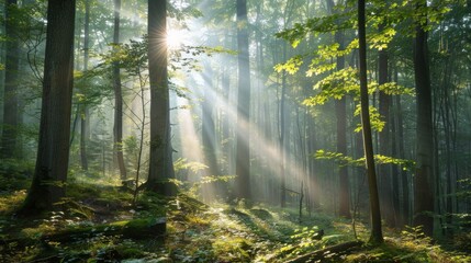 Canvas Print - Sunrays Through Foggy Forest