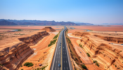 Elevated view of a long stretch of the highway passing through dry river with traffic isolated with white highlights, png