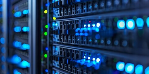 Poster - A close-up view of server racks in a modern data center, showcasing glowing blue lights and technology.