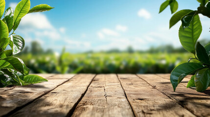 Round wood table with blurred tea field in the backdrop against blue sky and blurred green leaf frame. Showing natural background for displaying products.