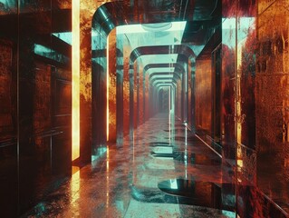 Poster - A futuristic hallway illuminated by vibrant neon lights, with reflections on the wet floor, evoking a cyberpunk aesthetic.