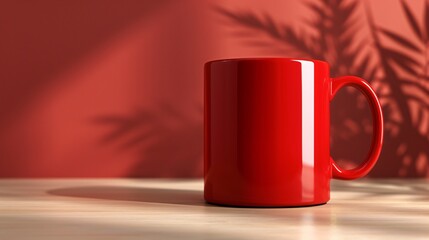 Sticker - Red Mug on a Wooden Table with a Red Background