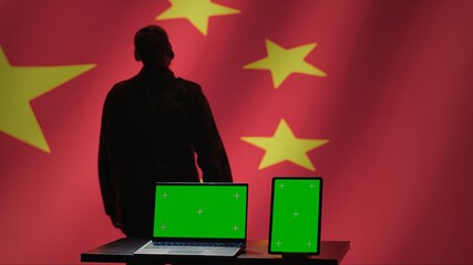 Poster - Chinese air defense division personnel monitors incoming enemy aerial attacks with green screen devices. China secret service maintains air space superiority with chroma key radar equipment, camera A