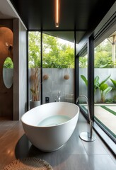 Sticker - Modern bathroom with bathtub, large windows and minimalist decor.