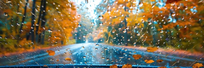 Poster - Raindrops on a car window with a blurred autumn scenery in the background. Selective focus.