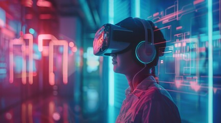 Poster - A person immersed in a vibrant digital environment with VR goggles, illuminated by neon lights and futuristic elements, showcases cuttingedge immersive technology enhancing the experience