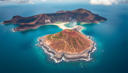 Drone volcanic island lagoon on summer day. Picturesque scenery of cliffs coast isolated with white highlights, png