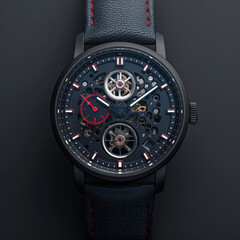 Wall Mural - The watch features intricate mechanical design elements, showcasing gears and a striking red dial, highlighting its craftsmanship and elegance