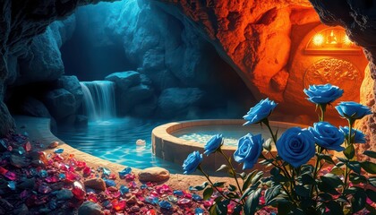 Canvas Print - Blue Roses in a Cave with a Pool.