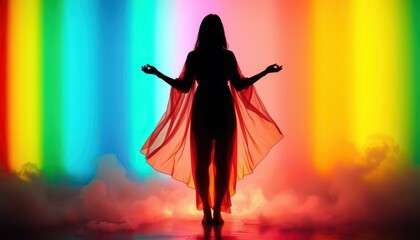 Wall Mural - Silhouette of a Woman in a Red Dress Against a Rainbow Background.