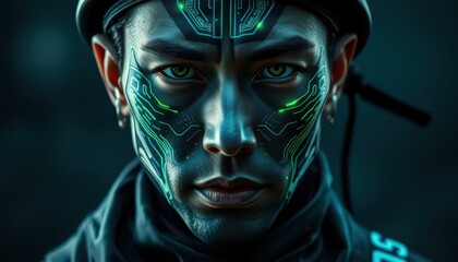 Sticker - Futuristic Cyberpunk Portrait with Green Glowing Circuitry.