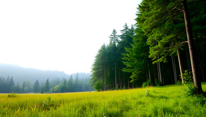 Wall Mural - Green Forest Landscape With Trees and Grass isolated with white highlights, png