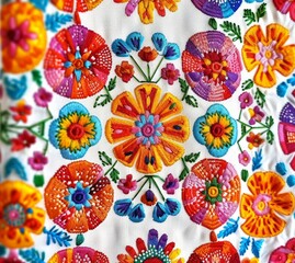 Wall Mural - Colorful Mexican embroidery floral pattern on a white background