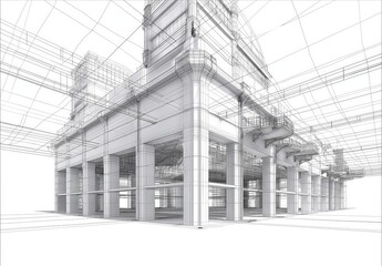 Wall Mural - Industrial building wireframe rendering with architectural and construction details