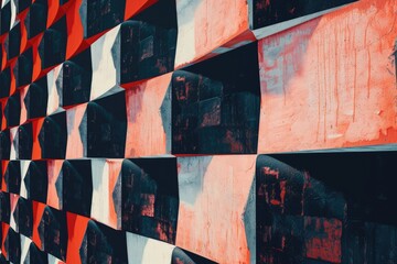 Poster - A close-up of a checkered wall with alternating black and white squares, featuring red accents